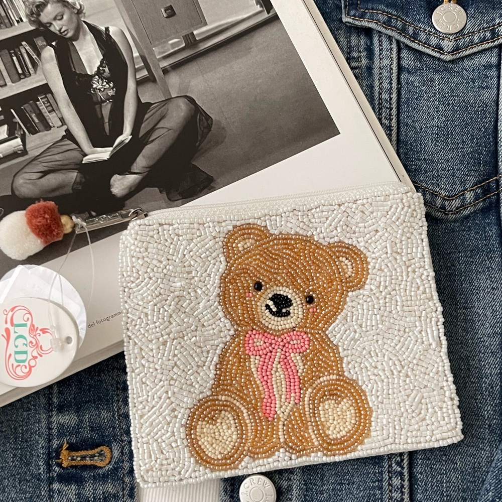 Teddy Bear Coin Pouch Seed Bead Coin Pouch Beaded Coin Bag White Beaded handmade